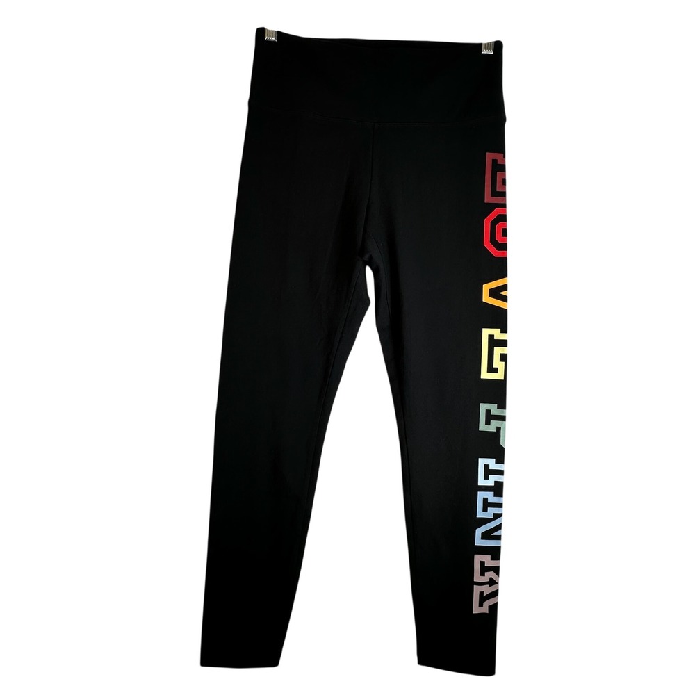 PINK Victoria's Secret Yoga Leggings Black Rainbow Logo High Rise Large NWT